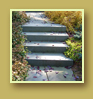 Rigid stone staircase adds beautiful hardscape element to flowing shrubs of landscape.